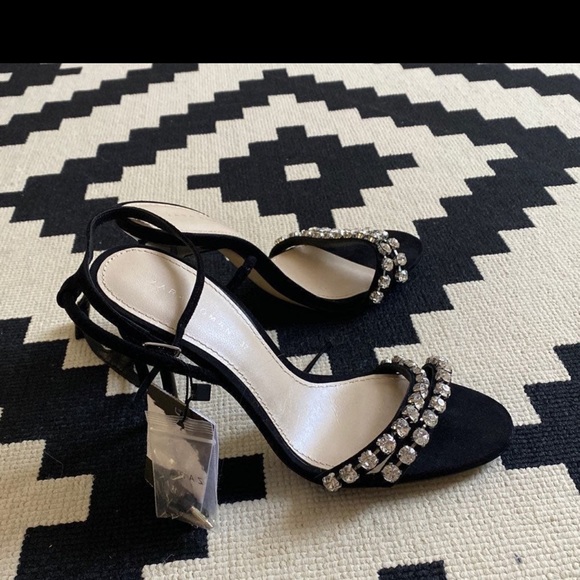 Zara Black Crystal rhinestone Ankle Strap Heels Sandals - Picture 8 of 10